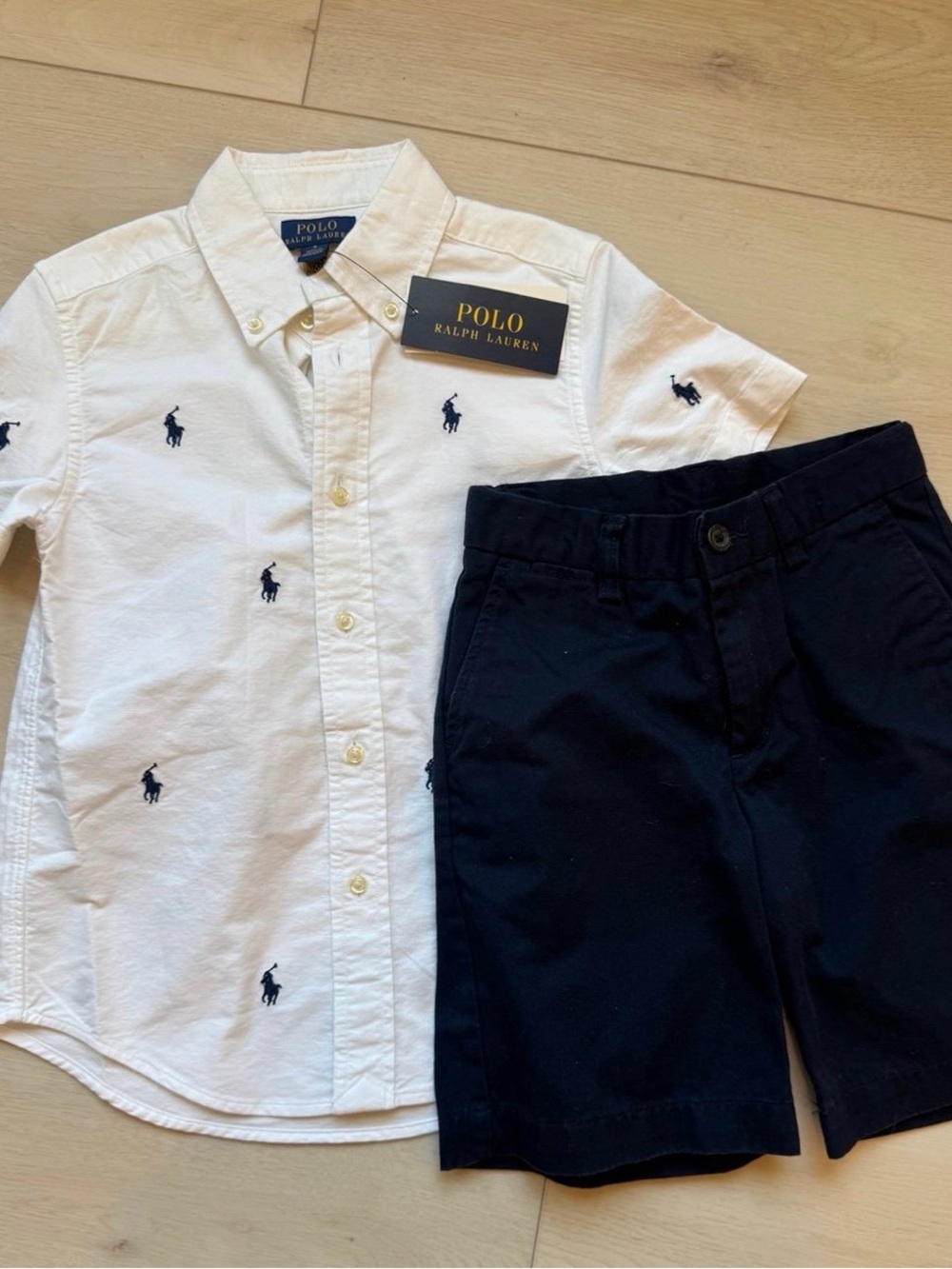 Polo Ralph Lauren boys white pony shirt nwt & navy short set size 6